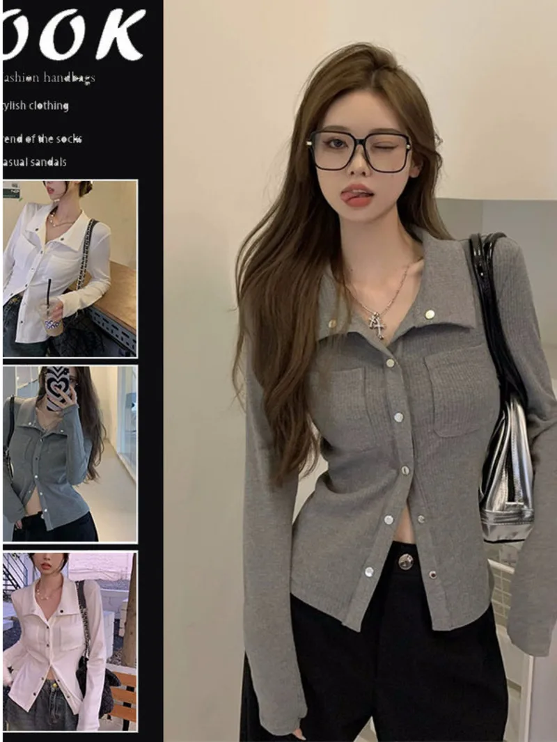 

Серая нижняя рубашка с многослойным низом для женщин на осень с ощущением нишевого дизайна новая рубашка в Корейском стиле уникальна 6PJZ
