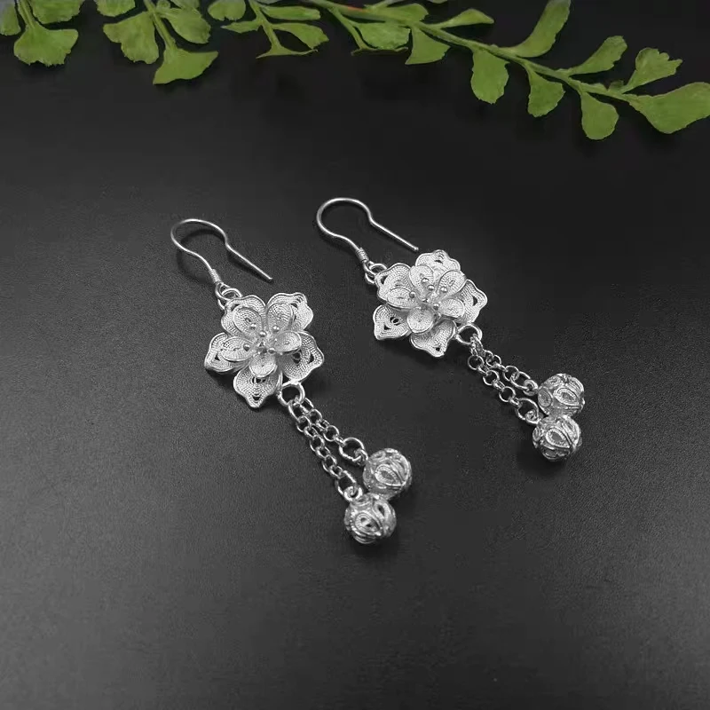 Chinese Style Handmade Filigree Flowers 999 Silver Gilding Tassel Earrings for Women Antique Hanfu Wedding Bride Jewelry Gift