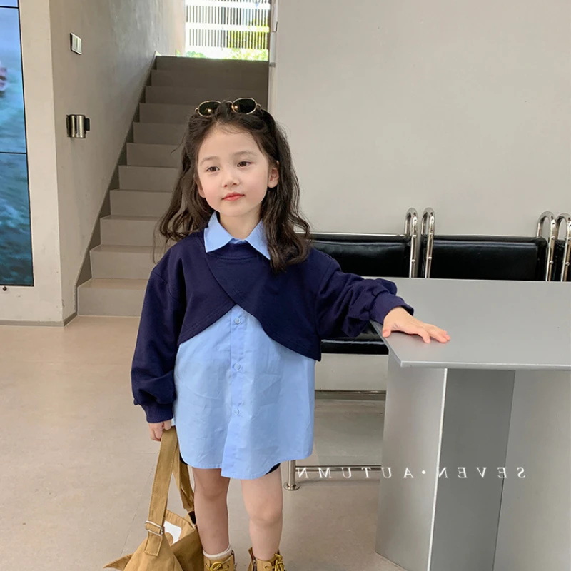 Kids Shirts Shirts Girls Blouse Autumn Spring Long Sleeve Fake Two-piece Sweatshirt Children Clothes Girl School Shirt Korean Girls Clothing
