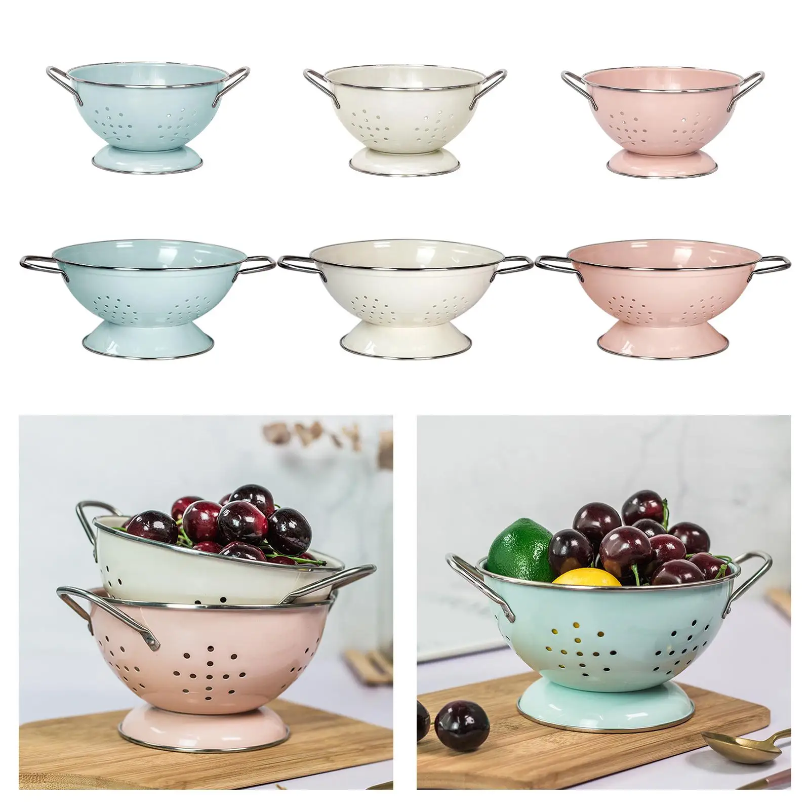 French Retro Fruit Basket Drainage Berry Colander Food Storage Baskets Serving Bowl with Handle for Countertop Veggies Fruits fruit colander