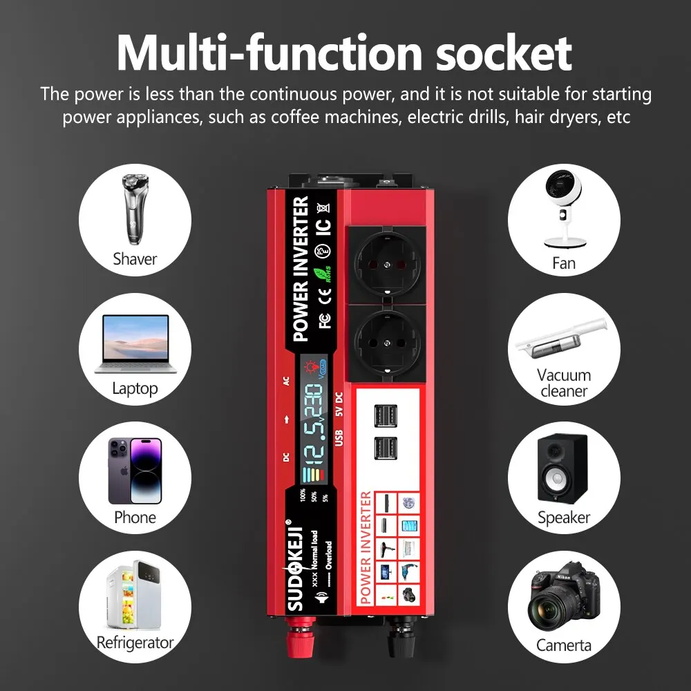 Power Inverter 4000W 3000W DC 12V To AC 220V 230V Transformer with 4 USB EU Socket Charge with LED Display For RV Phone Car vehicle inverter car converter inverter car inverter car power converter power inverter