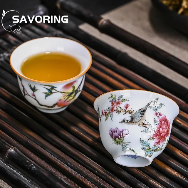 1 Pc Handmade White Porcelain Tea Cup Palace Ceramic Teacup Hand Painted Flowers Tea Bowl Tie Guanyin Pu er Home Tea Set 60ml