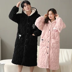 Thick 3 Layers Warm Winter Bathrobe Couple Soft Flannel Quilted Long Kimono Bath Robe Female Dressing Gown Men Coral Fleece Robe