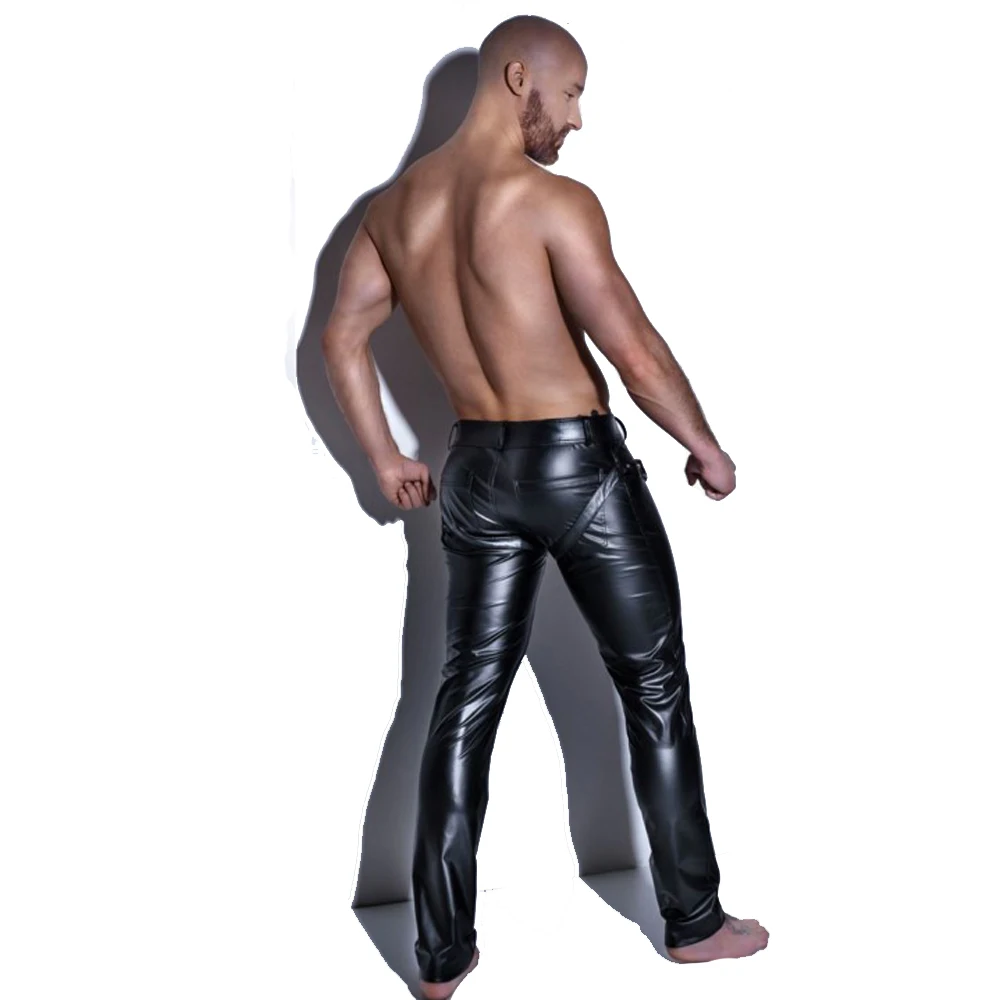 Fashion Mens Black Faux Leather Pants Long Trousers Sexy And Novelty Skinny Muscle Tights Mens Leggings Slim Fit Tight Men Pant