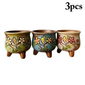 3Pcs Antique Ceramic Pots Pure Hand Painted Flower Pot Fairy Garden Decor Bonsai Planter Home Office Decor Mini Succulent Pots