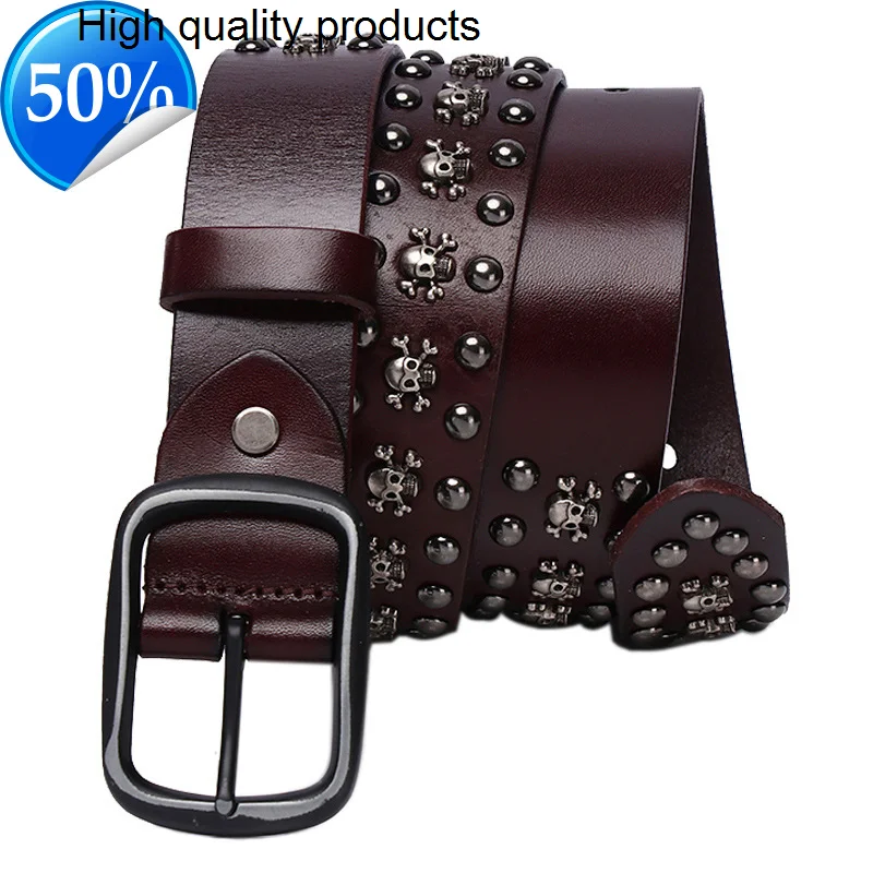 

3.8CM Cowboy Belt Cowskin Genuine Leather Metal Punk Rivet Jeans s For Men Ceinture Homme Cinturones Hombre