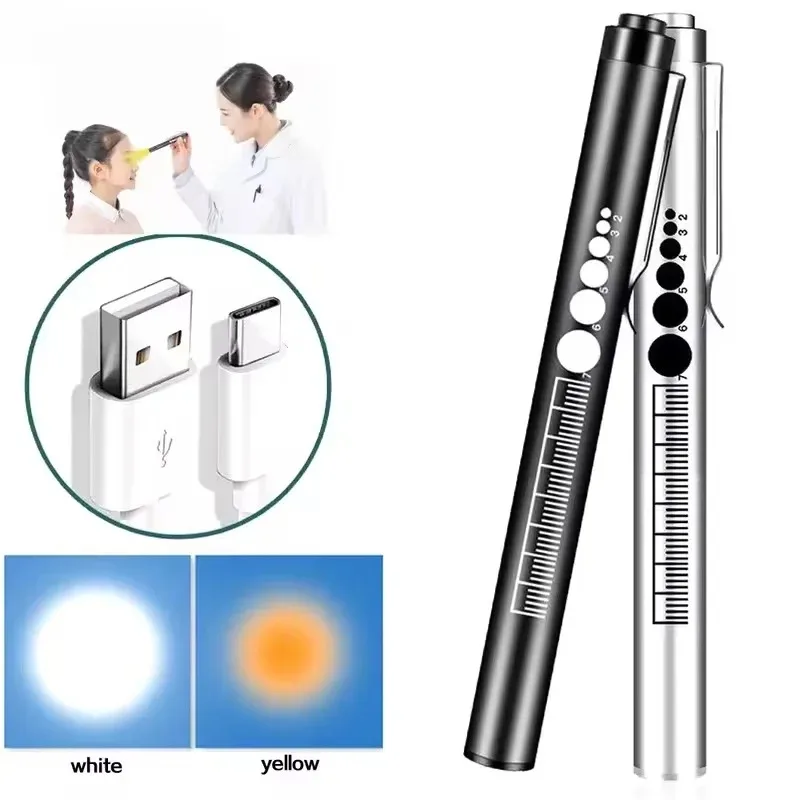 Mini Portable Penlight LED Flashlight Oral Pupil Medical Handy USB Rechargeable Stainless Steel Torch Light for Outdoor Fishing