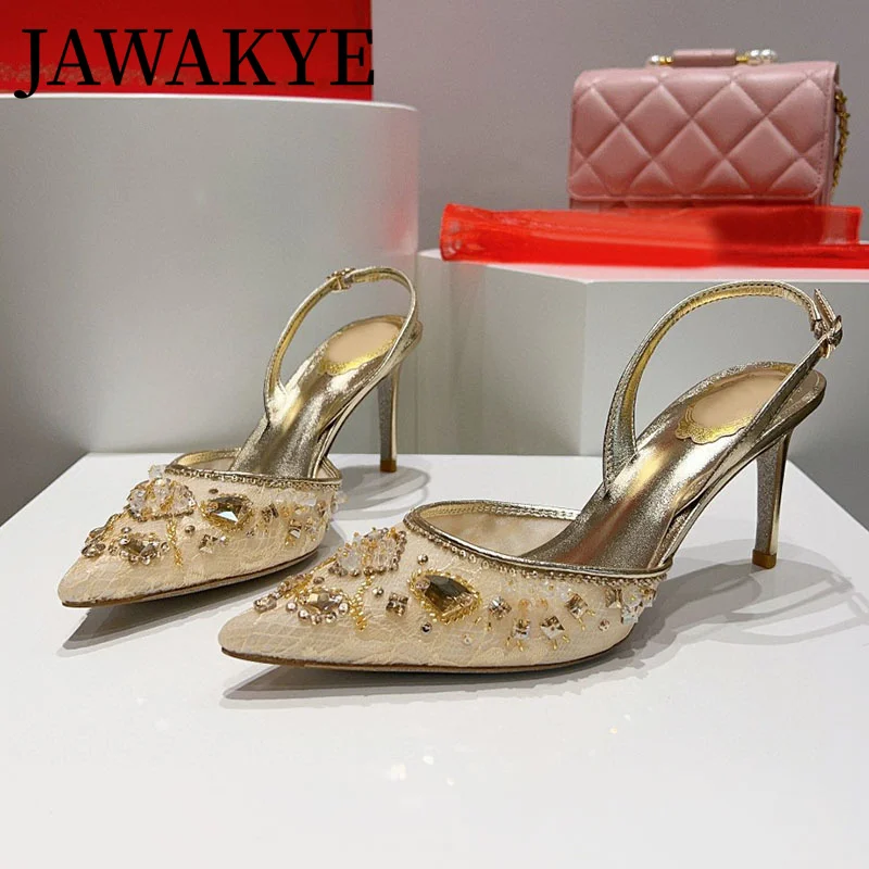 

Summer Elegant Lace Mesh Crystal Party Sandals Pointed High Heel Slingbacks New Bride Shoes Formal Ladies Evening Party Shoes