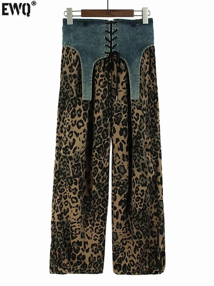 

Женские джинсовые брюки [EWQ], Свободные повседневные брюки с широкими штанинами, с леопардовым принтом, с перекрестными завязками, в европейском стиле, Y2K, весна-осень 2024, 16U7026