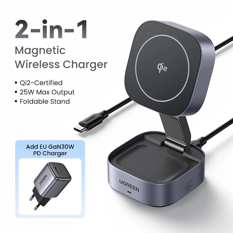 thumbnail image 1 of Cargador inalámbrico magnético UGREEN Qi2 de 25 W, soporte de carga 2 en 1 para iPhone 15, 16 Pro Max y AirPods con cargador rápido MagSafe, 1 of 5