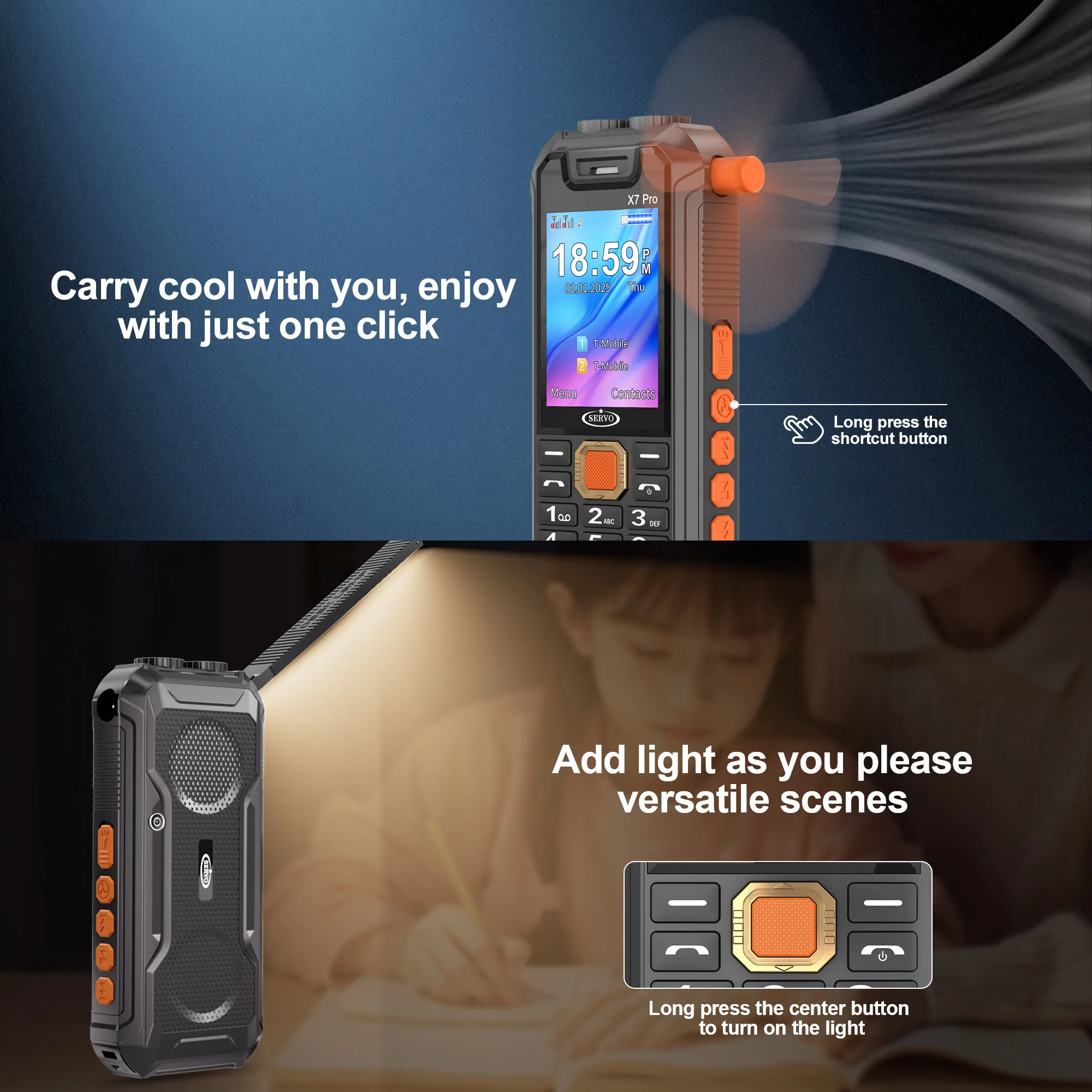 SERVO X7 PRO Fill Light Feature Mobile Phone Bluetooth Dial Music Player Magic Voice Small Fan Button Cellphone Dual SIM Standby