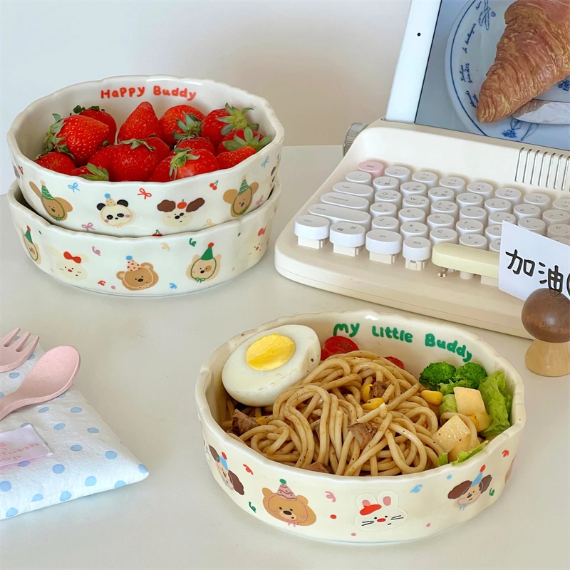 Cute Handheld Ceramic Pasta Breakfast Plates Korean Style Restaurant High Quality Tableware Cartoon Pattern Bread Salad Plates