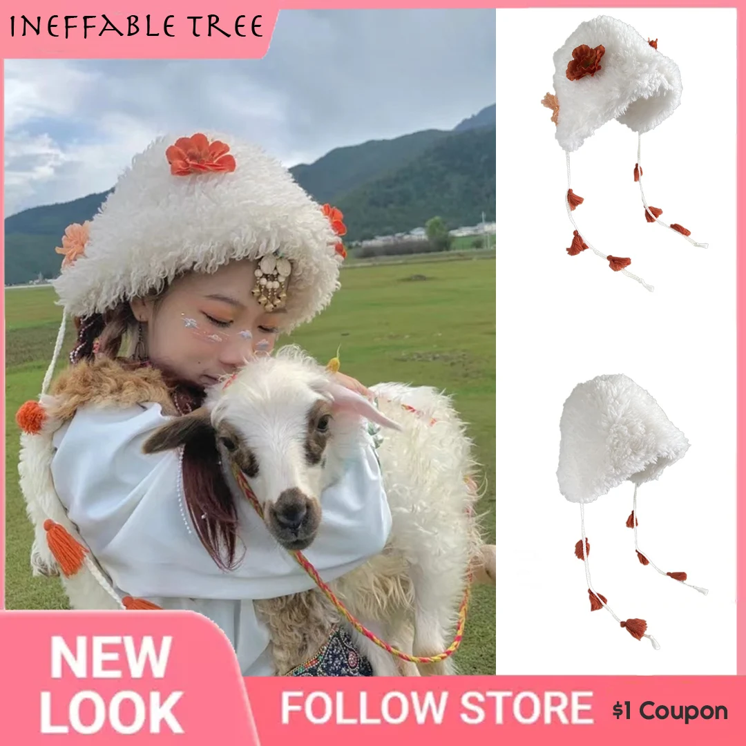 

INS Japanese Kawaii Plush Hats Sweet Lolita Flower Autumn Winter Warm Ear Protection Bomber Caps for Women Ear Ski Mask Beanies