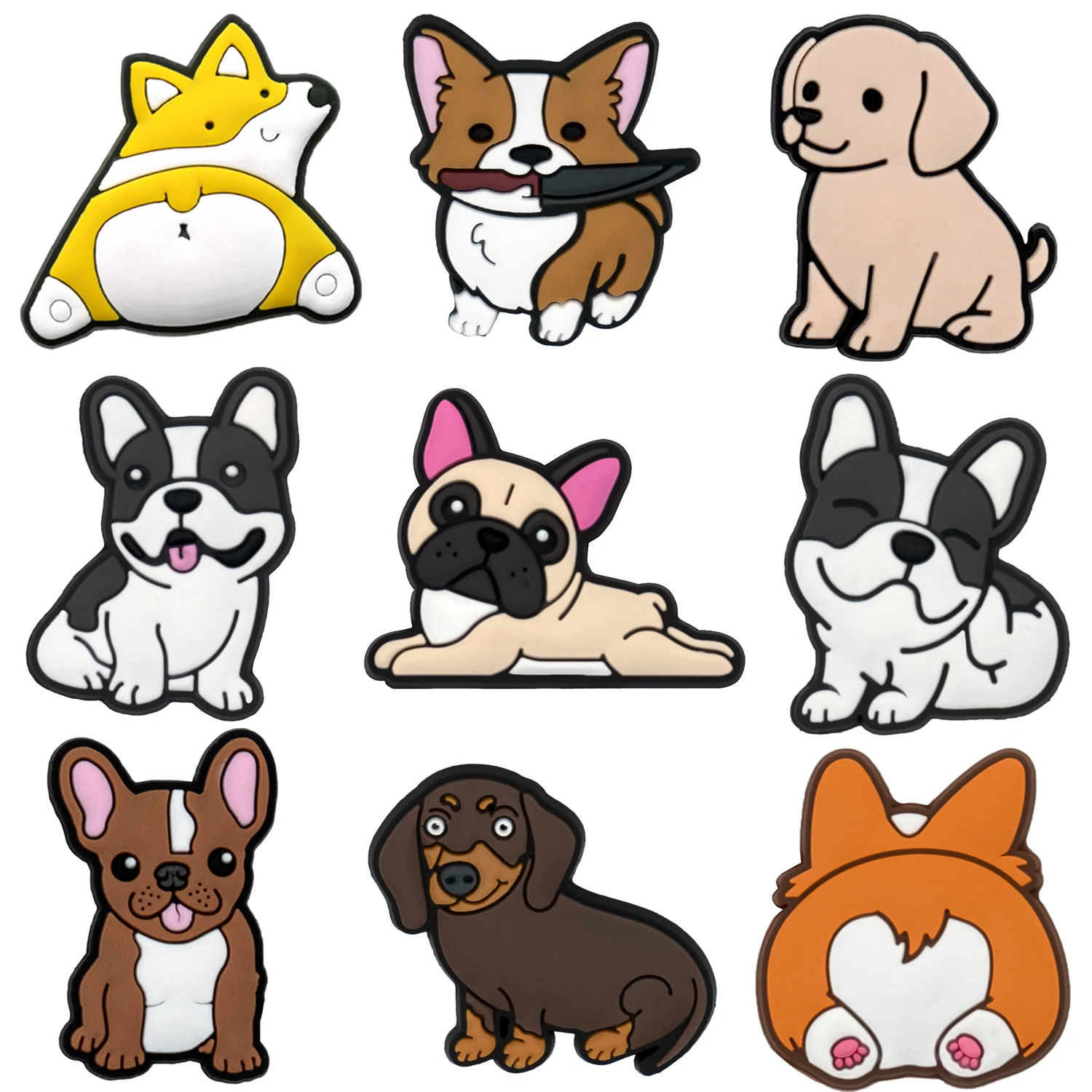 여성용 귀여운 강아지 신발 참, 코기 닥스훈트 프렌치 불독 신발 장식, 보스턴 테리어 핀 클로그 청바지, 1 개, 9 개