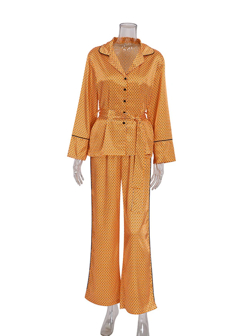 Marthaqiqi Fashion Ladies Pajama Set Turn-Down Collar Nightwear Long Sleeve Robe Lace Up Sleepwear Pants Printing Winter Nightie