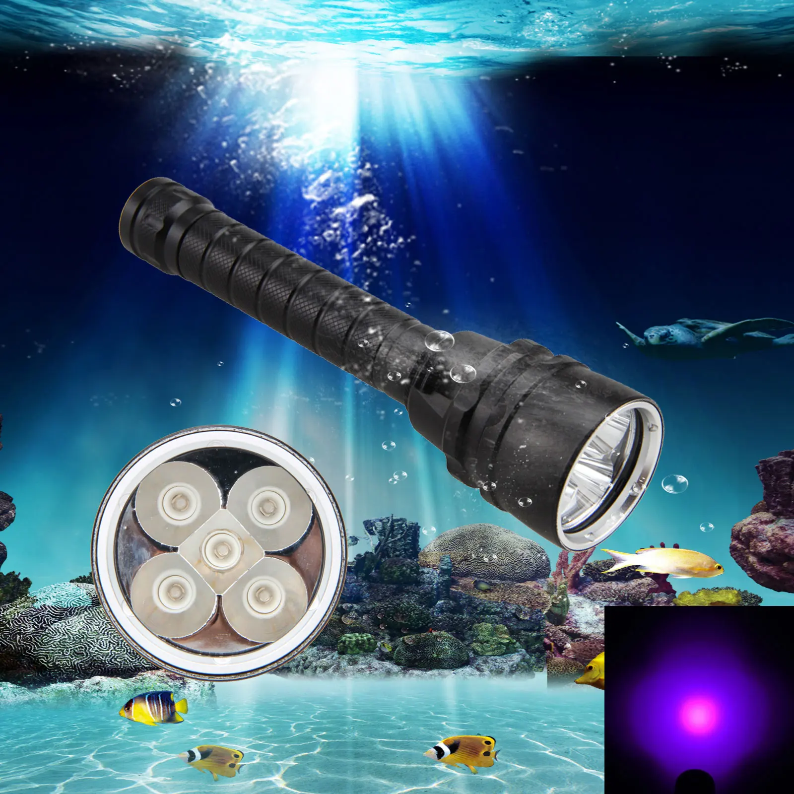 Waterproof White/Purple Light 5 LED Diving Flashlight Underwater 100 Meter Scuba Dive Lamp for Under Water Sports