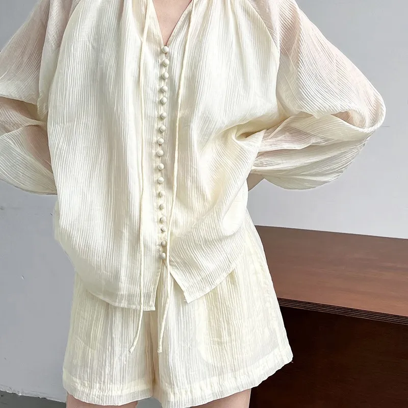 Summer Thin Suit Women's Gentle V-Neck Sunscreen Shirt Loose Two-piece Set Office Ladies Chic Slim Suit 2024 New Style