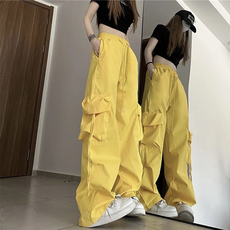 Street Casual Elastic Waist Loose Trend Cargo Pants Spring Summer New Solid All-match Youth Straight Pants Fashion Women Clothes