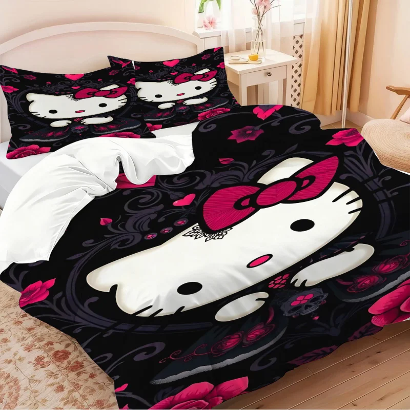 Sanrio Hello Kitty Leopard Print Bedding Set 3pcs King Size Duvet Cover Set Cartoon Cute Bed Linen for Kids Girls Bedroom Decor 4