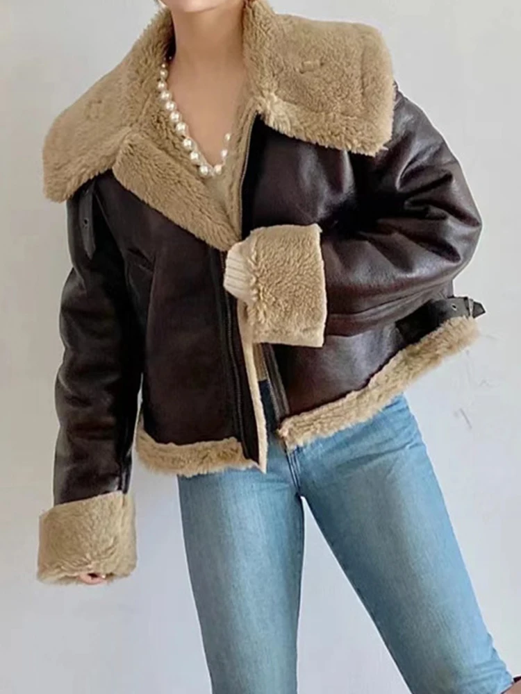 LY VAREY LIN New Winter Women Streetwear Faux Lamb Leather Jacket Lapel  Zipper Short Pu Coat Female Thick Warm Black Outwear