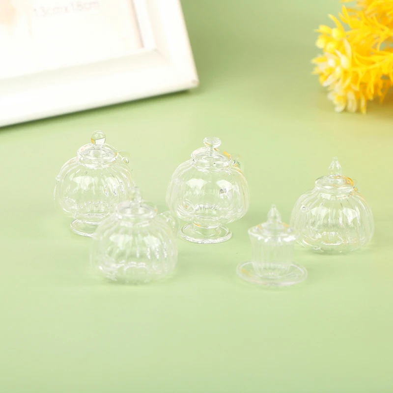 Dollhouse Teapot Teacup Dollhouse Miniature Glass Transparent Teacup Kettle Teapot Flower Vase Model Toys For Dollhouse DIY 5
