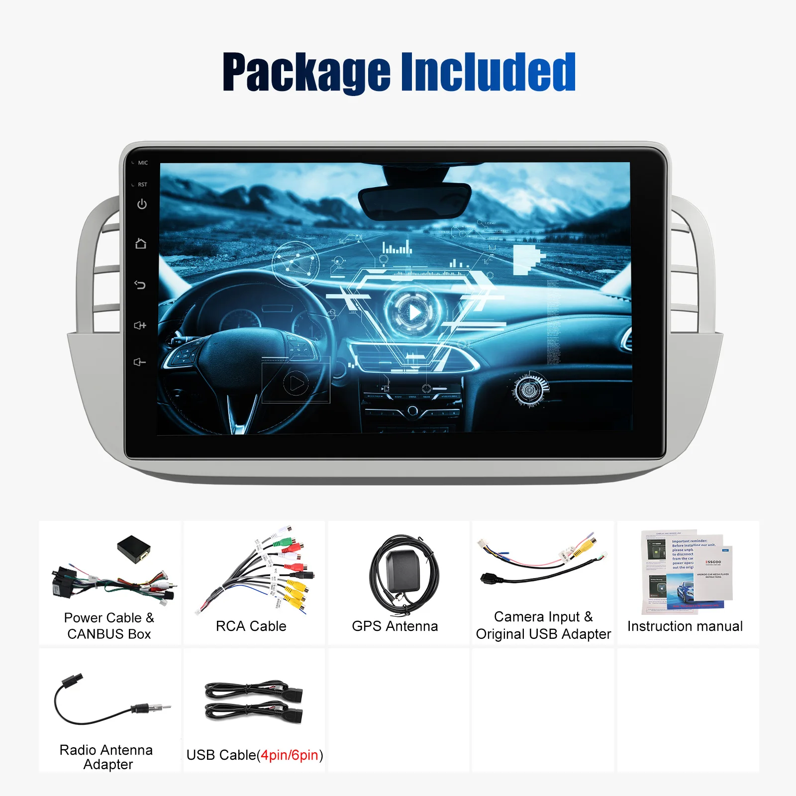 ESSGOO 2 DIN For Fiat 500 2007-2015 White 9" Apple Carplay Android auto Car Stereo Radio GPS WIFI SWC BT Mirror Link Android 14