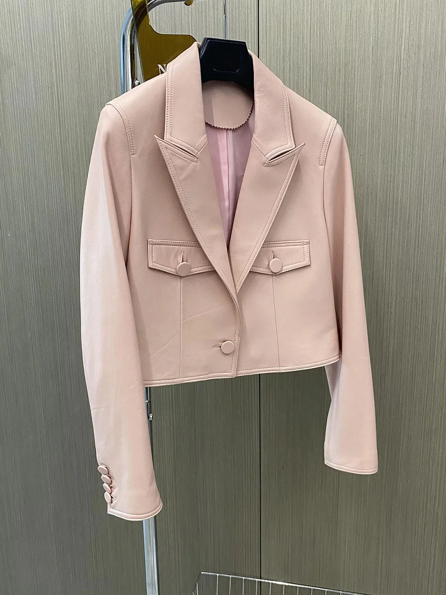 thumbnail image 1 of Chaqueta de piel auténtica ajustada y recortada para mujer, tendencia primavera otoño 2024, abrigo de piel de oveja auténtica suave y elegante de alta gama, 1 of 5