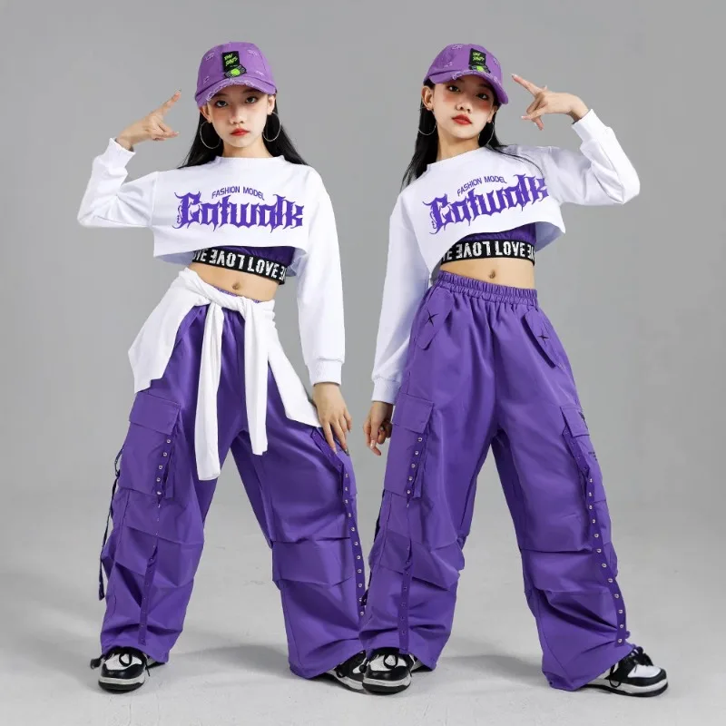 Girls' Jazz Dance Clothes White Tops Purple Trousers Children's Hip-hop Costumes Trendy Youth Outfits Stage Suit  Women's Groups - 2