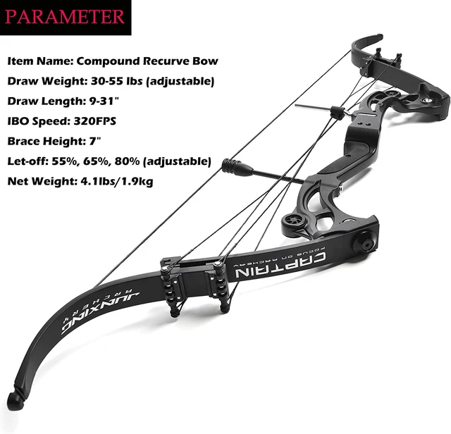 Arco recurvo de caza americana, 320FPS, peso de dibujo, 30-55lbs