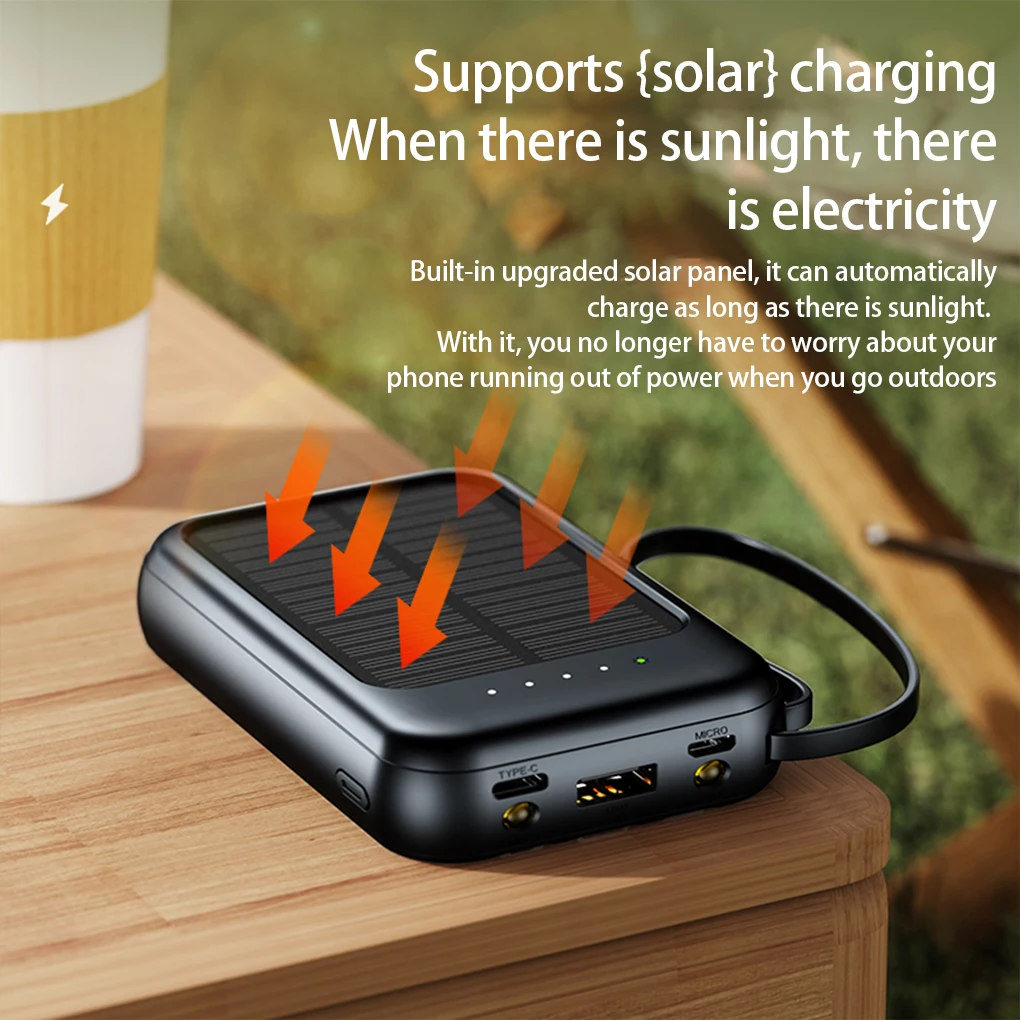 2000mAh High Capacity Solar Power Bank External Charger Powerbank LED Light New Solar Charger Built Cables 2 USB Ports 3