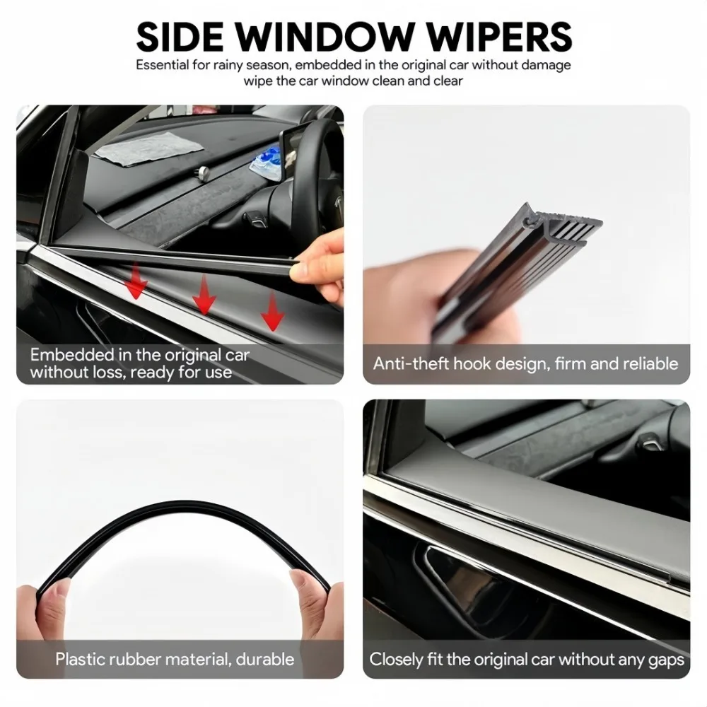 2pcs Car Side Window Wipers Water Mist Removal Silent Wiping of Window Glass Rain Fog Protection Wiper Strips Rubber Cleaner 6