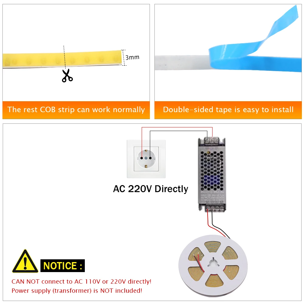 DC 5V 12V 24V COB LED Strip 320 384 480 528LEDs/m High Density Flexible COB LED Tape Light Bar 3MM 5MM 8MM PCB Linear Light 5