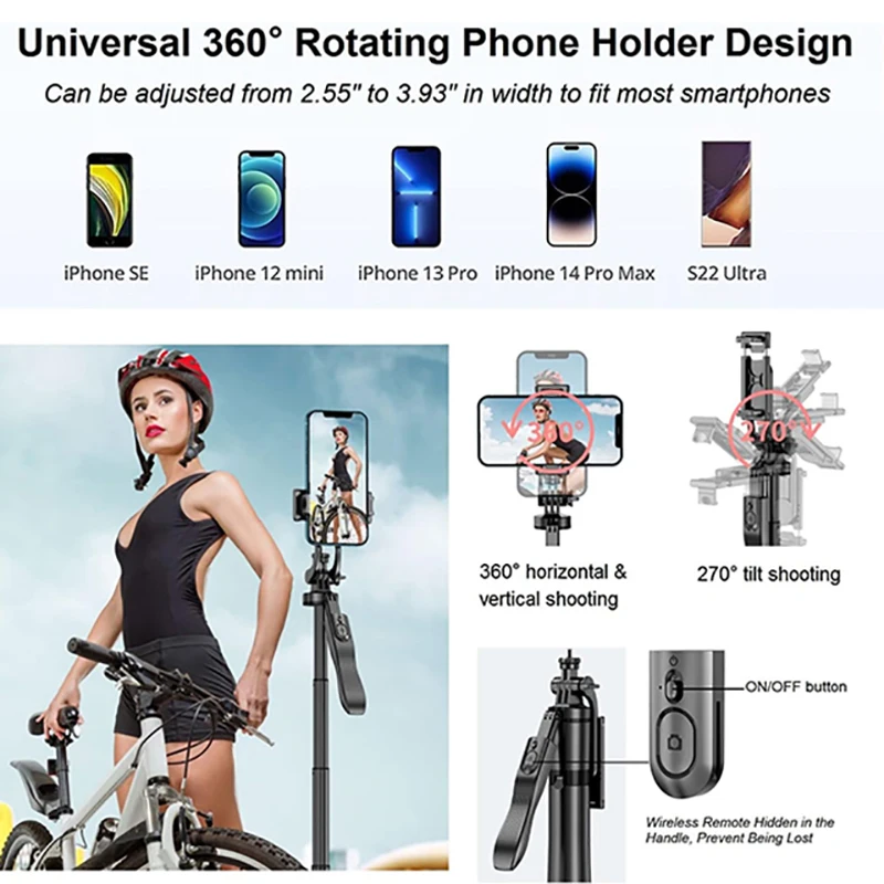 CYKE 61" Selfie stick tripod expandable phone tripod stand wireless remote 360 rotating live video foldable L16