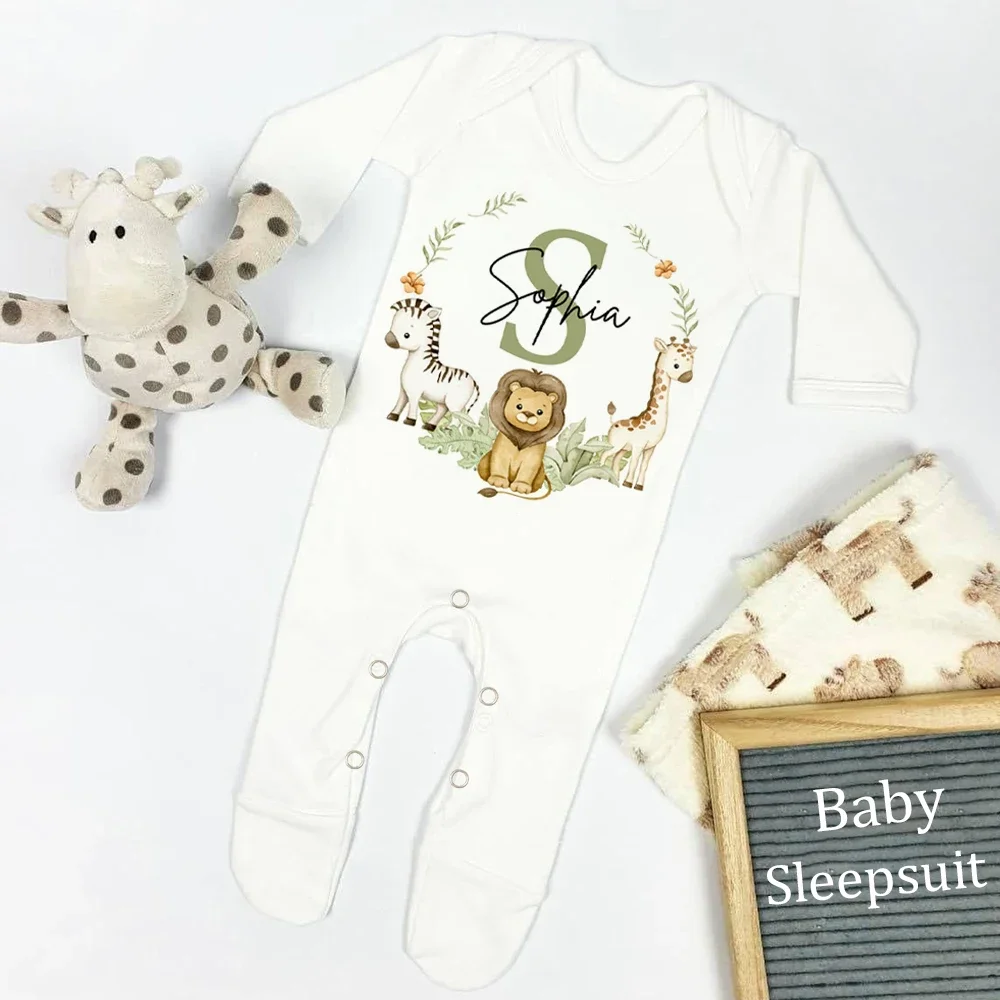 

Personalised Babygrow Sleepsuit Forest Animal Wreath Print Baby Sleepsuit Custom Baby Coming Home Outfit Newbron Shower Gift