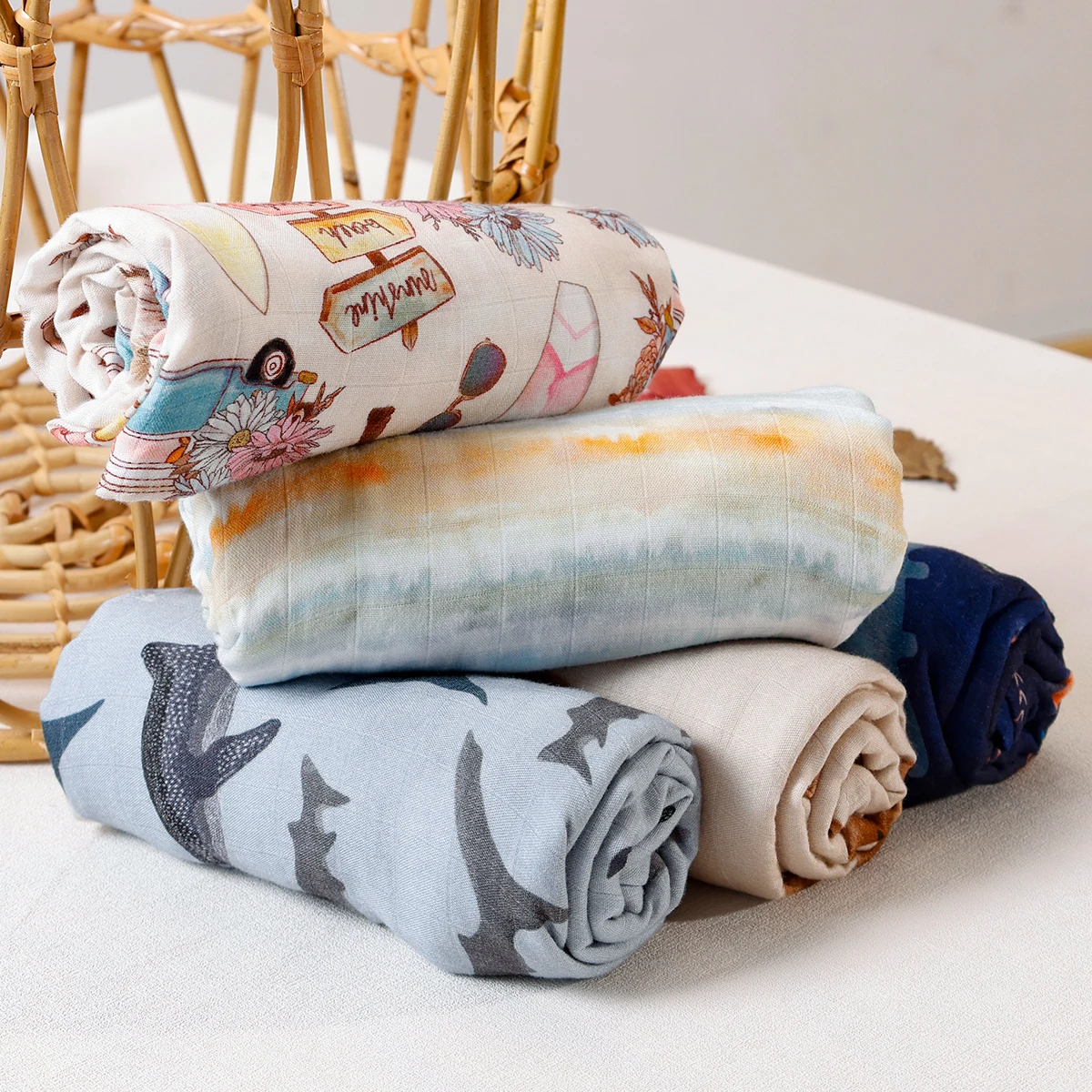 Cotton Muslin Blanket Digital Print 120*110CM Bamboo Cotton 2Layer Soft Muslin Swaddle For Newborn Bath Wipe
