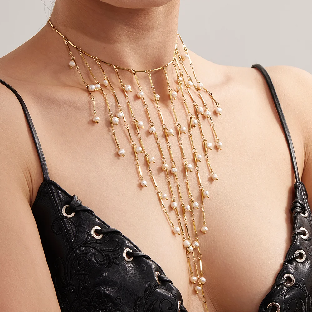 Goldene Silber Natürliche Süßwasser Perle Halskette frauen Edelstahl Vergoldet Lange Quaste Halsband Femme Elegante Schmuck – Detail 9