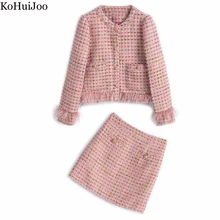 

Pink Tweed Skirt and Blazer Set Women Sprimg Elegant Heavy Beaded Feather Patchwork Two Pieces Skirt Suit