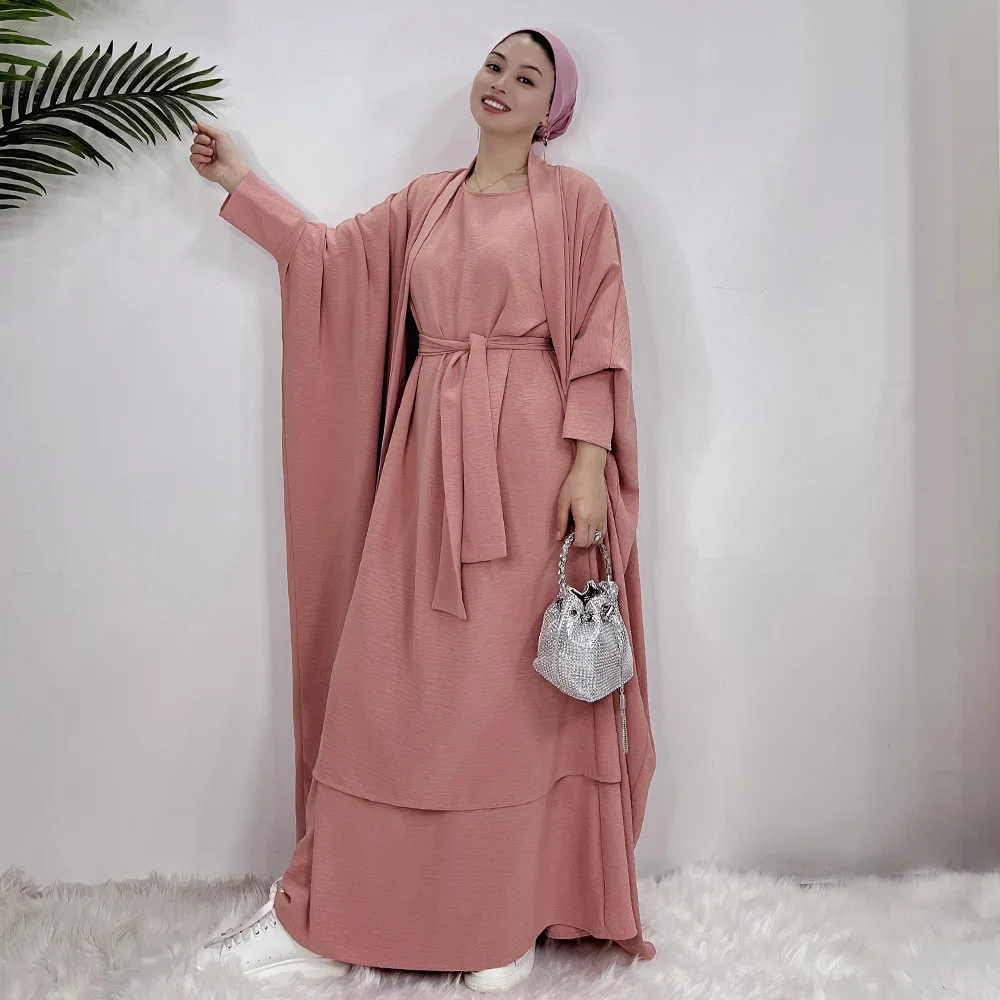 

2 Piece Matching Set Women Muslim Dubai Arab Modest Outfit Islamic Kimono Open Abaya Inner Maxi Dress Middle East Ramadan Eid