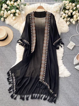 WeHello 2023 Summer Beach Kimono Women Bohemian Cover Up Long Fashion Embroidery Poncho Cardigan Tassel Chiffon Shirt 1