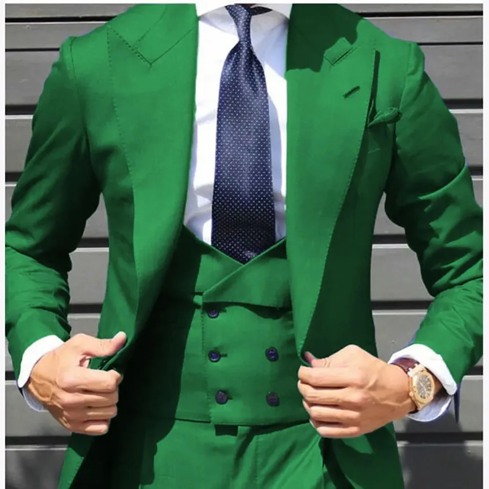 

2023 Latest Green Slim Double-breasted Lapel Business Meeting Wedding Groom Customization (Blazer +Vest+Pants) Traje De Novio