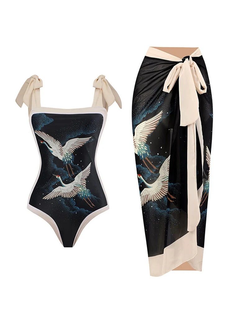 COOBBU Print Swan One Piece Swimsuit Bodysuit Bathing Suit Push Up