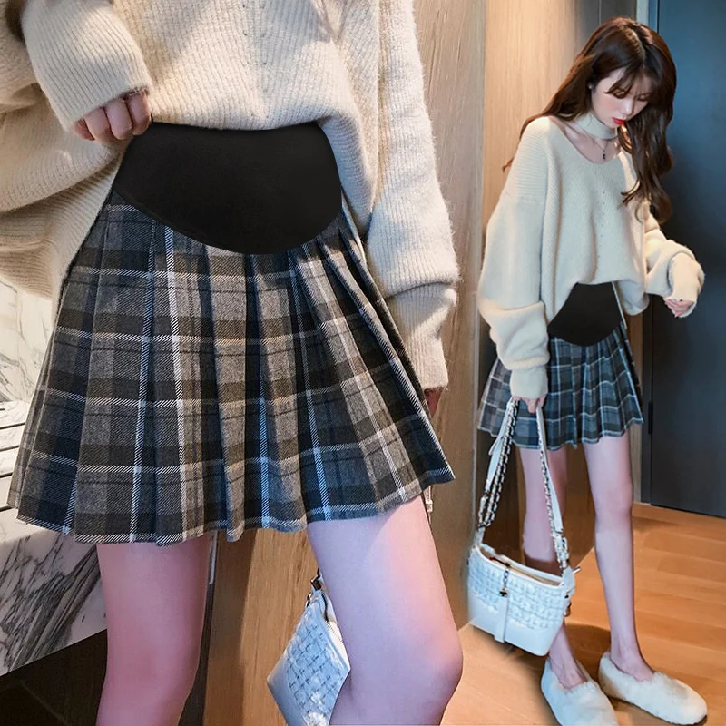 Korean Style Maternity Belly Skirts Preppy Style High Waist Pregnant Woman Pleated Plaid Skirts Pregnancy Empired Mini
