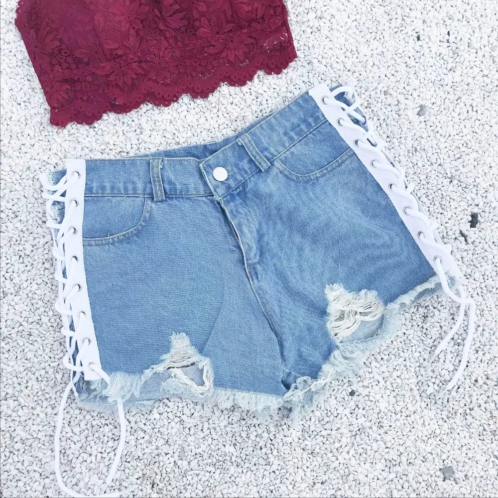 New Women's Sexy High Waist Hole Bandage Cut Off Denim Jeans Shorts