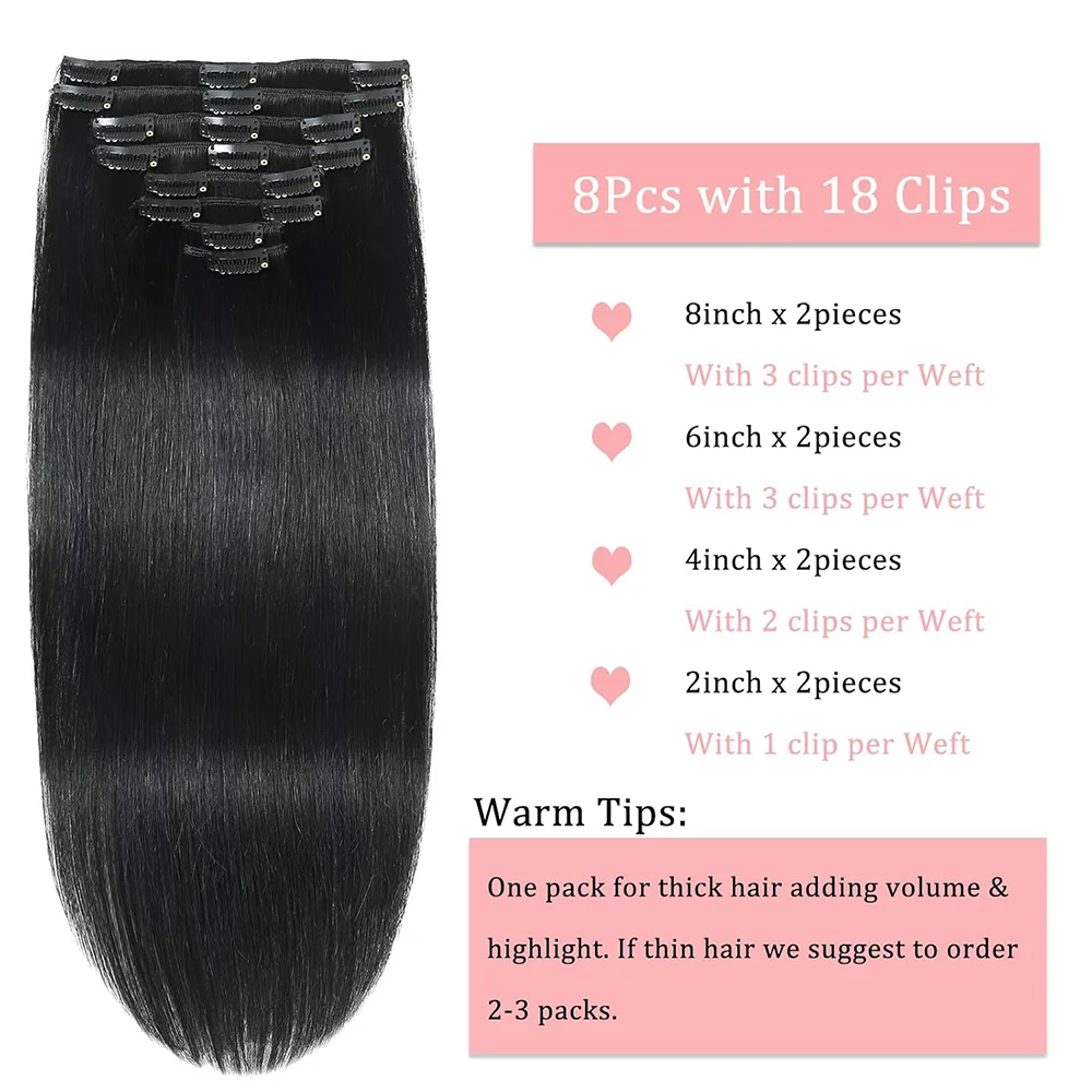 Clip In Hair Extensions Human Hair Straight Brazilian Natural Black Clip Ins Remy Extensions 16-26 Inch Full Head For Woman