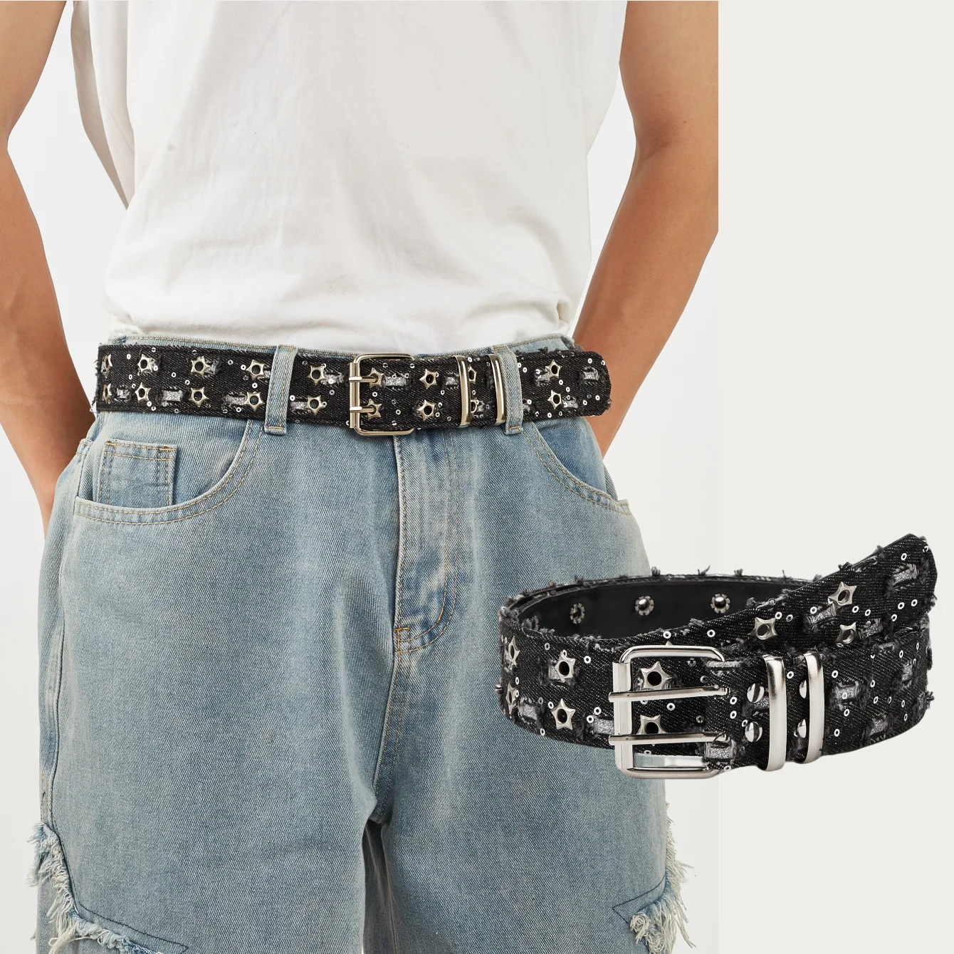 1 Stück Herren Punk Y2K lässig schwarzer Denim Stern hohler zweireihiger Lochgürtel Jeans vielseitiger dekorativer Gürtel