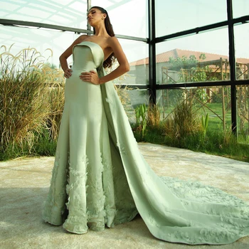 Luxury Crystal 3D Leaves Sage Green A-Line Dubai Evening Dresses with Cape Arabic Women Wedding Party Gowns 449 1