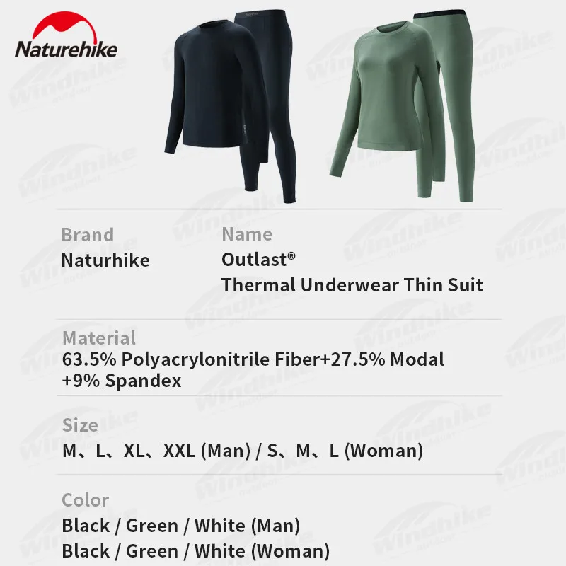 Naturehike Warm Thin Thermal Underwear Suit Outlast&reg; Soft Breathable Outdoor Camping Sportswear 5℃~15℃ Warm Underwear