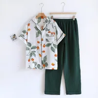 2026 Japanese Summer New Women's Pajama Set Short Sleeve+Long Pants Two piece Set 100%Cotton Thin Cardigan Home Furnishing Fresh - Image 2