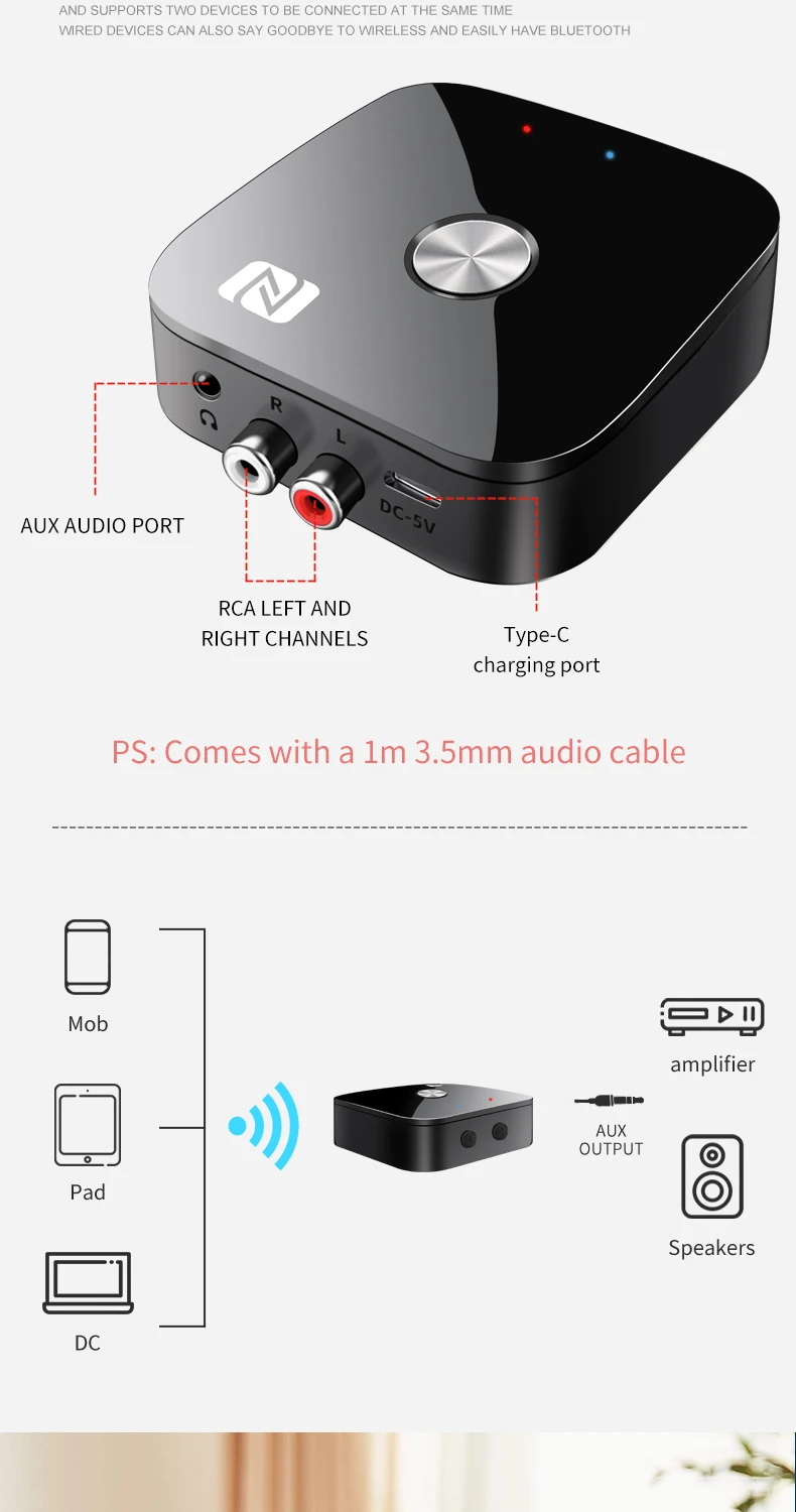NFC Bluetooth 5.3 Audio Receiver 3.5mm AUX R/L RCA Stereo HIFI Music Wireless Ad