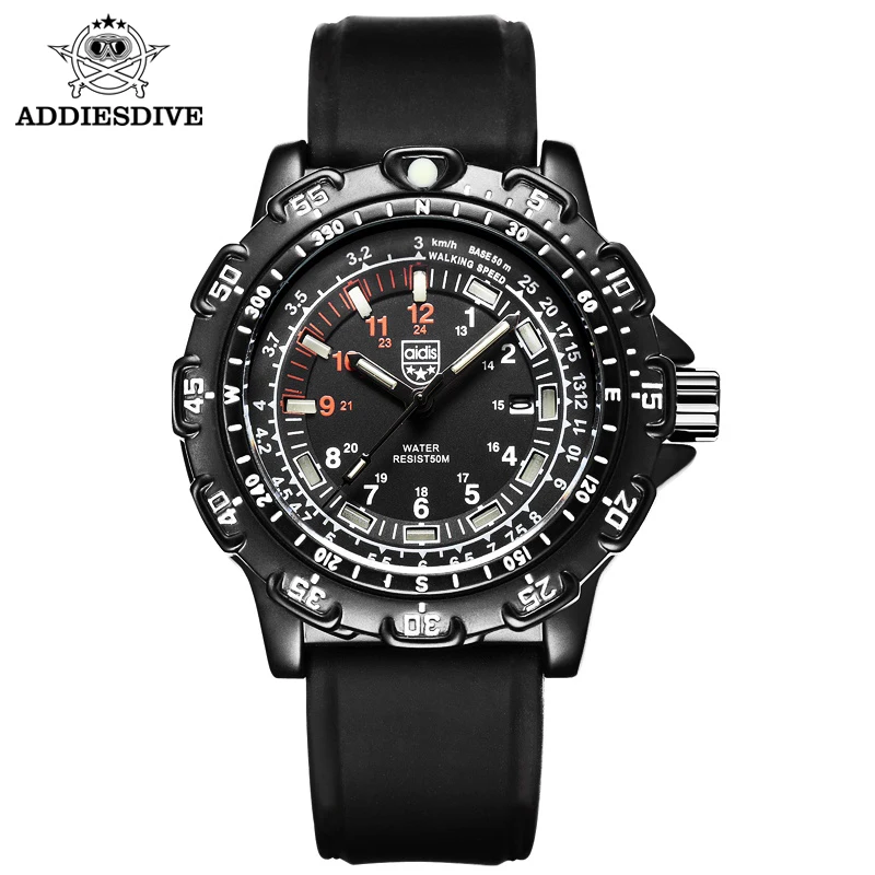 

Addies Men's Watch Silicone Strap 50m Waterproof Sports Quartz Watch 45mm Rotating Bezel Alloy Case Tube Luminous Watch